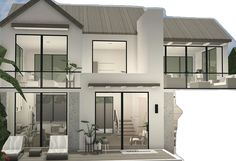 an artist's rendering of a two story house with glass walls and large windows