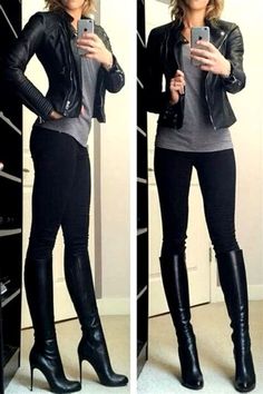 Outfits Mit Leggings, Black Knee High Boots Outfit, Women Leggings Outfits, Vetements Shoes, Black Biker Jacket, High Boots Outfit, Outfit Chic, Legging Outfits, Black Knee High Boots