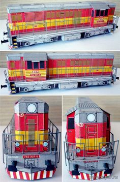 four different views of a toy train with red, yellow and grey stripes on it