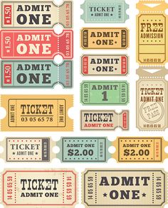 an assortment of admit tickets with the words admit one on each ticket and two for $ 1