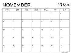 a november calendar with the holidays in black and white