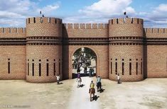 an artist's rendering of a brick gate with people walking through it and two men standing on one side