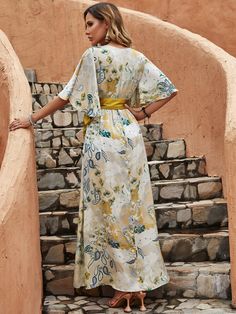 Floral Print Butterfly Sleeve Belted Maxi Dress | SHEIN USA Beach Wrap Dress, Belted Maxi Dress, Print Butterfly, Beach Wrap, Butterfly Sleeve, Butterfly Sleeves, Womens Maxi Dresses, Women Dresses, Dress P