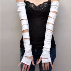 White Long Arm Warmers Cotton Gloves Ripped Torn Cut Out Covers Mummy Sleeves Perfect For A Corpse Bride Or Mummy Halloween Costume! Handmade In The Usa By Me! Extra Long Cut Out Cotton Arm Warmers. Soft And Stretchy. Can Also Be Used As Long Leg Warmers! Arm Warmers Are Great For Keeping You Warm Inside And Outside, Protecting You Against The Sun While Driving Or Covering Scars, Tattoos, Medical Devices And Skin Conditions. Length: 22" Width: 8" - Stretches To 12" 97% Cotton. 3% Spandex. Wash C Mummy Outfit, Wedding Arms, Mummy Halloween Costume, Mummy Costume, Gothic Bride, White Costume, Costume Gloves, Bride Costume, White Costumes