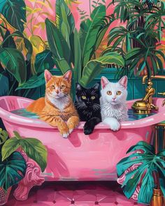 Cottagecore Bathroom, Cat Tuxedo, Pink Bathtub, Poster Cat, Three Cats, Cat Posters, Bathroom Art, Cat Painting, Cat Illustration