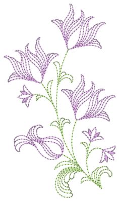 a purple flower with green stems in the center on a white background is an embroidered design