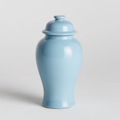 a light blue vase with a lid on the top is sitting in front of a white background