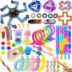 many different types of toys are shown in this collage, including plastic beads and bracelets