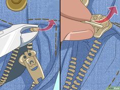 an image of someone cutting off their jeans with scissors and sewing thread on the zipper