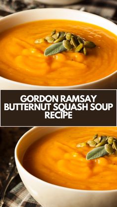 two white bowls filled with carrot soup and topped with pumpkin seeds