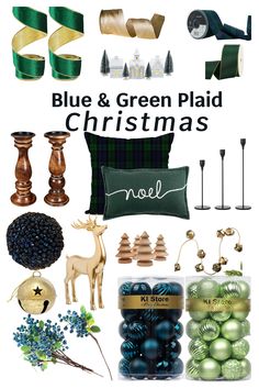 blue and green plaid christmas decorations with text overlaying the image is an assortment of items