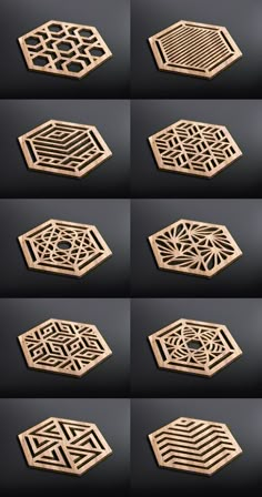 six different types of carved wood designs on black background, each with an intricate geometric design