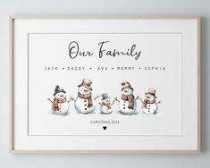 a family christmas card with three snowmen