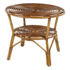 two round wicker tables with one shelf on each side