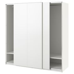 a white cabinet with two doors and shelves on each side, open to reveal the closet