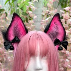 Kawaii Goth themed Bat Ears Cosplay Headband.  UV Neon Pink and Black Vampire Goth Bat ears !  Ears have black hoops permanently fixed. Optional bows! Two black bows with black bells on clips! Ears are wired and come on a metal headband.  PLEASE NOTE: CUSTOMIZATIONS TO ORDERS MUST BE MADE PRIOR TO PURCHASING! WE ARE NOT RESPONSIBLE FOR ANY CUSTOMIZATIONS AFTER PURCHASE IS MADE.  ALL CUSTOM ORDERS ARE FINAL WITH NO RETURNS. Please note my shop's ears and tails are completely hand crafted and migh Cat Ears Costume Accessories For Cosplay Events, Punk Cat Ears Costume Accessories For Cosplay, Gothic Ears Costume Accessories For Cosplay, Gothic Costume Accessories With Ears For Cosplay, Cosplay Costume With Cat Ears For Cosplay Events, Halloween Cat Ears Headpiece, Halloween Cat Ears Costume Headpiece, Halloween Cat Ears Costume Hats, Halloween Costume Cat Ears Headpiece