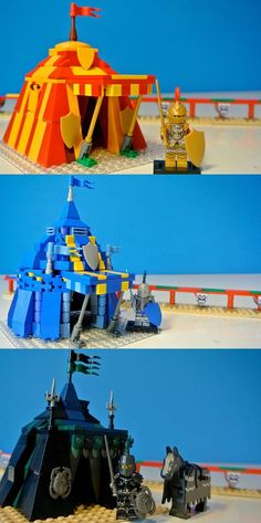 three different views of legos in front of a blue sky and red fenced area