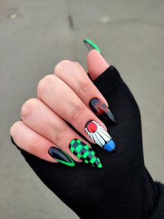 Nail Designs Demon Slayer, Manga Nail Art, Inosuke Nails, Tanjiro Nails, Uñas Demon Slayer, Demon Slayer Inspired Nails, Demon Slayer Nail Art, Demon Slayer Nails