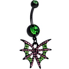 Pink Green Gem Black Bat Wings Halloween Dangle Belly Ring – BodyCandy Creature Of The Night, Bellybutton Piercings, Belly Piercing Jewelry, Piercing Inspo, Jewelry Promotion, Navel Jewelry, Dangle Belly Rings, Green Gem, Navel Ring