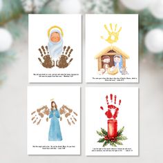 four christmas cards with handprints of nativity and baby jesus in the manger