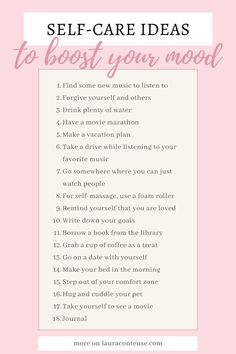 a pin for a blog post that talks about Self-Care Ideas to Boost Your Mood Feel Good About Yourself, Self Esteem Activities, Self Care Ideas, Personal Growth Motivation, Self Massage, Mental Health Day, Boost Your Mood