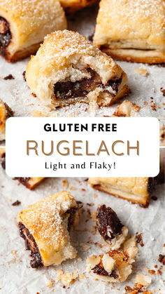 a close up of some food on a piece of paper with the words gluten free rugelach light and flaky