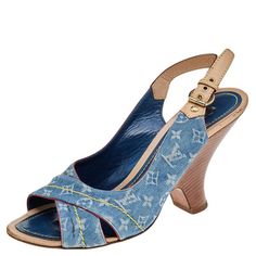 Crafted From Blue Monogrammed Denim And Leather, These Stylish And Modern Sandals Come From Louis Vuitton. They Feature Open Toes, Crisscross Straps On The Vamps, And Slingback Straps With Buckle Fastening. The Insoles Are Leather Lined And The Pair Is Elevated On 8.5 Cm Heels. Louis Vuitton Blue, Modern Sandals, Louis Vuitton Shoes, Vintage Louis Vuitton, Slingback Sandal, The Vamps, Women's Shoes Sandals, Louis Vuitton Monogram, Open Toe