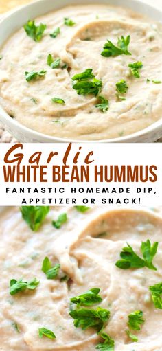 white bean hummus dip in a bowl with parsley garnish on top