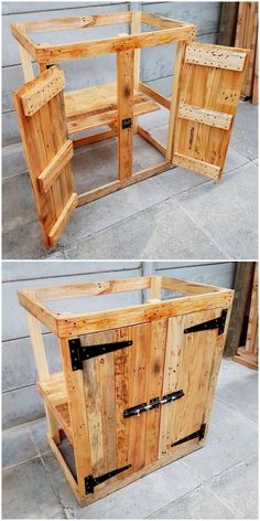 two pictures of the same wooden cabinet with metal straps on each side, and one is open