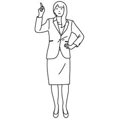 a black and white drawing of a woman in a business suit with her hand on her hip