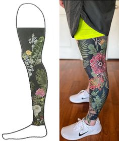 a woman's leg with flowers and leaves on it, next to a drawing of her legs