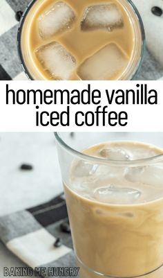 homemade vanilla iced coffee in a glass with ice cubes on the rim and text overlay that reads homemade vanilla iced coffee