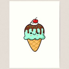 an ice cream cone with sprinkles and a cherry on top art print