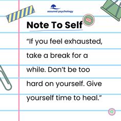 If you feel exhausted, take a break for a while. Don’t be too hard on yourself. Give yourself time to heal.” Remember, self-compassion is essential for mental health. Pushing through exhaustion can lead to burnout. Honor your needs and take the time to rest and rejuvenate.  #SelfCare #MentalHealthMatters #RestAndRecharge #BeKindToYourself #HealingJourney #CalgaryWellness Give Yourself Time, 2024 Quotes, Mentally Exhausted, Psychology Notes, Time To Heal, Time To Rest, Self Compassion, Mental Health Matters, Healing Journey