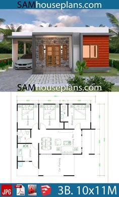 two story house plan with 3 bedroom and 2 bathrooms on each floor, in the middle of