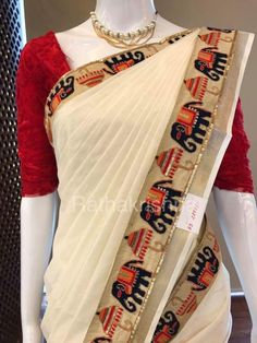 The way of wearing this saree color combination border everything perfect Kerala Saree Blouse, Saree Painting Designs, Lace Saree, Indian Designer Sarees, Set Saree, Latest Designer Sarees, Indian Saree Blouses Designs, Linen Saree, Designer Saree Blouse Patterns