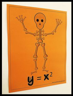 an orange poster with a skeleton drawn on it's back and the letter y in front