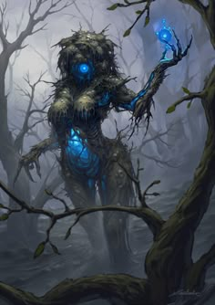 an image of a creature in the woods with glowing blue eyes and hands on his chest