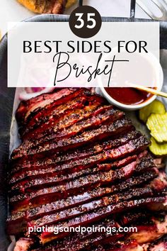 bbq ribs with barbecue sauce and pickles on the side, text overlay reads 35 best sides for brisket