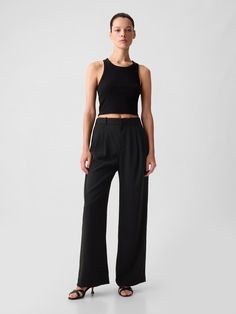 Soft woven trousers.  E-waist with concealed hook and bar closure, zip fly.  Front slant pockets, back welt pockets.  Pleating at front.  * Fit: Classic.  An easy silhouette that fits close  at the waist, and is relaxed through the hips and thigh.  Models wearing Gap Easy Silhouette, Wardrobe Refresh, Pleated Trousers, Closet Staples, Black Trousers, Green And Khaki, Petite Size, Welt Pockets, Gap