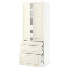 a tall white cabinet with two doors on the front and one door open to reveal an upper drawer