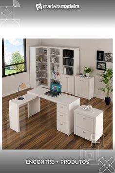 a computer desk sitting on top of a wooden floor next to a white bookcase