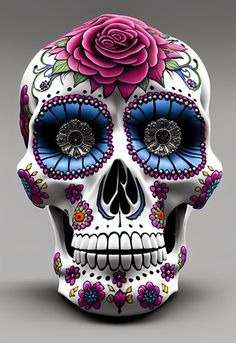 a white skull with blue eyes and a pink flower on it's forehead, sitting in front of a gray background