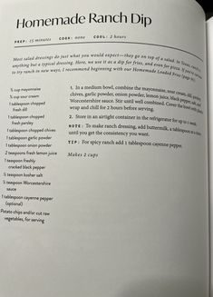 an open book with instructions on how to make homemade ranch dip