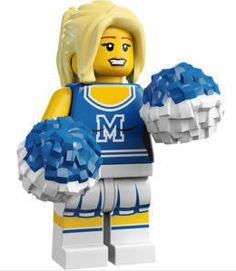 a lego figure with blue cheerleaders on it's chest and one hand in the air