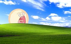 a green field with a cartoon face on it's head in front of a blue sky