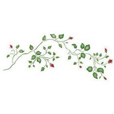 a branch with green leaves and red flowers on it, painted in watercolors