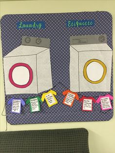 a bulletin board with two washing machines on it