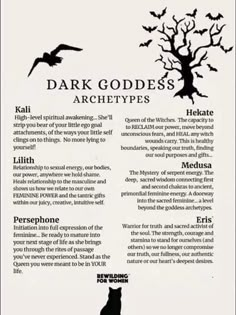 an advertisement for dark goddess archetys, which is written in black and white