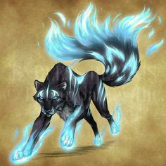 a drawing of a black and white wolf with blue flames on it's tail